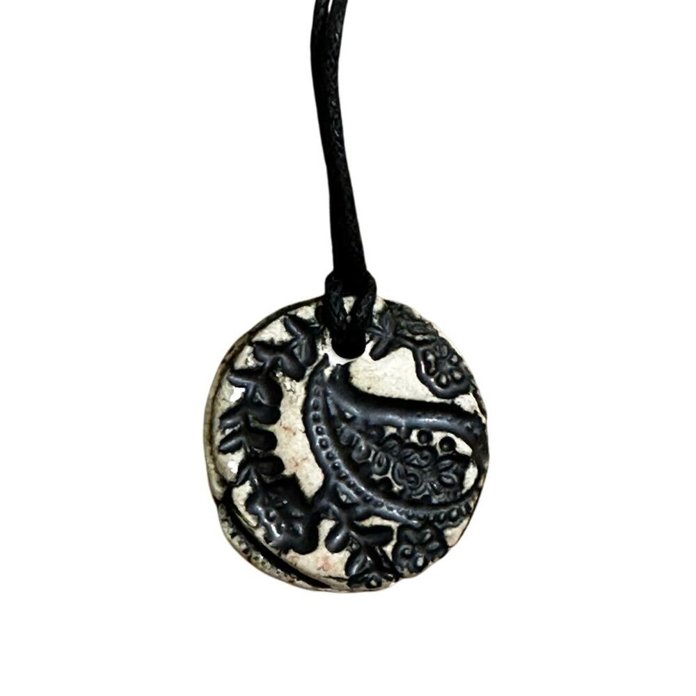 Clay Paisley Floral Natural Cord Pendant Necklace